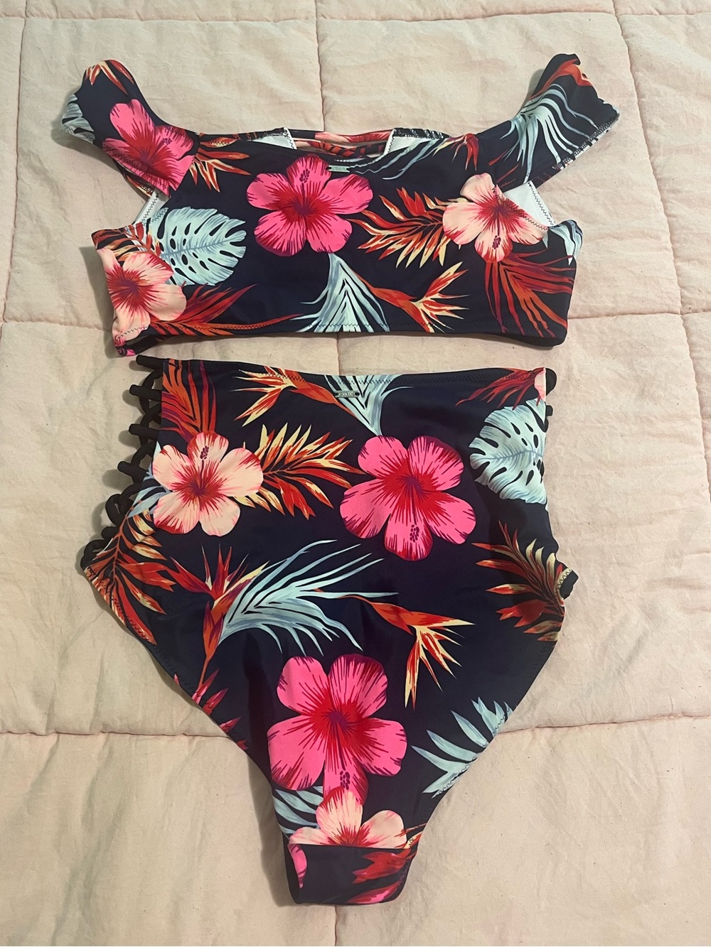 PINK Victoria's Secret Navy and Pink Tropical Floral Swim Top - Picture 2 of 3